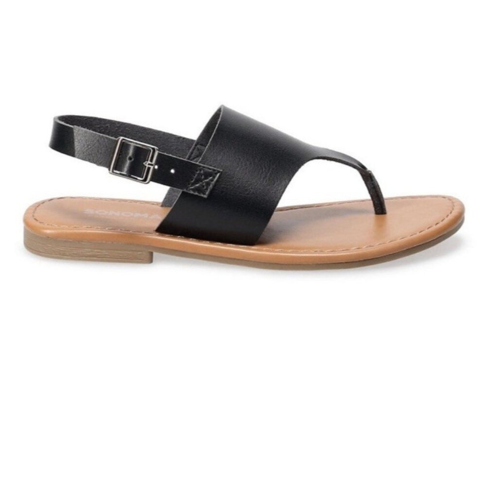 Black Slingback Thong Sandal Women Size 11 Flat Summer Shoe Faux Leather Comfort